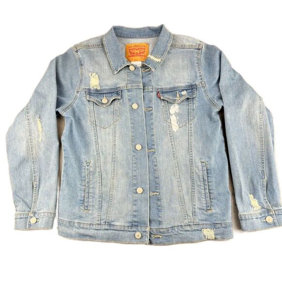 Levi's Jean Jacket Youth Sz L 12-13 Yr Light Blue Trucker Distressed READ - Picture 1 of 14